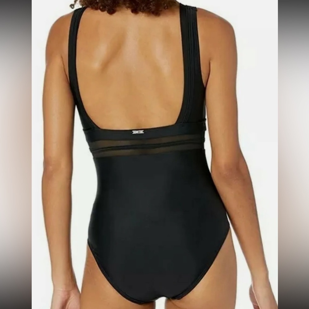 $108 Tommy Hilfiger Black Solid Mesh One Piece Swimsuit - Picture 2 of 3